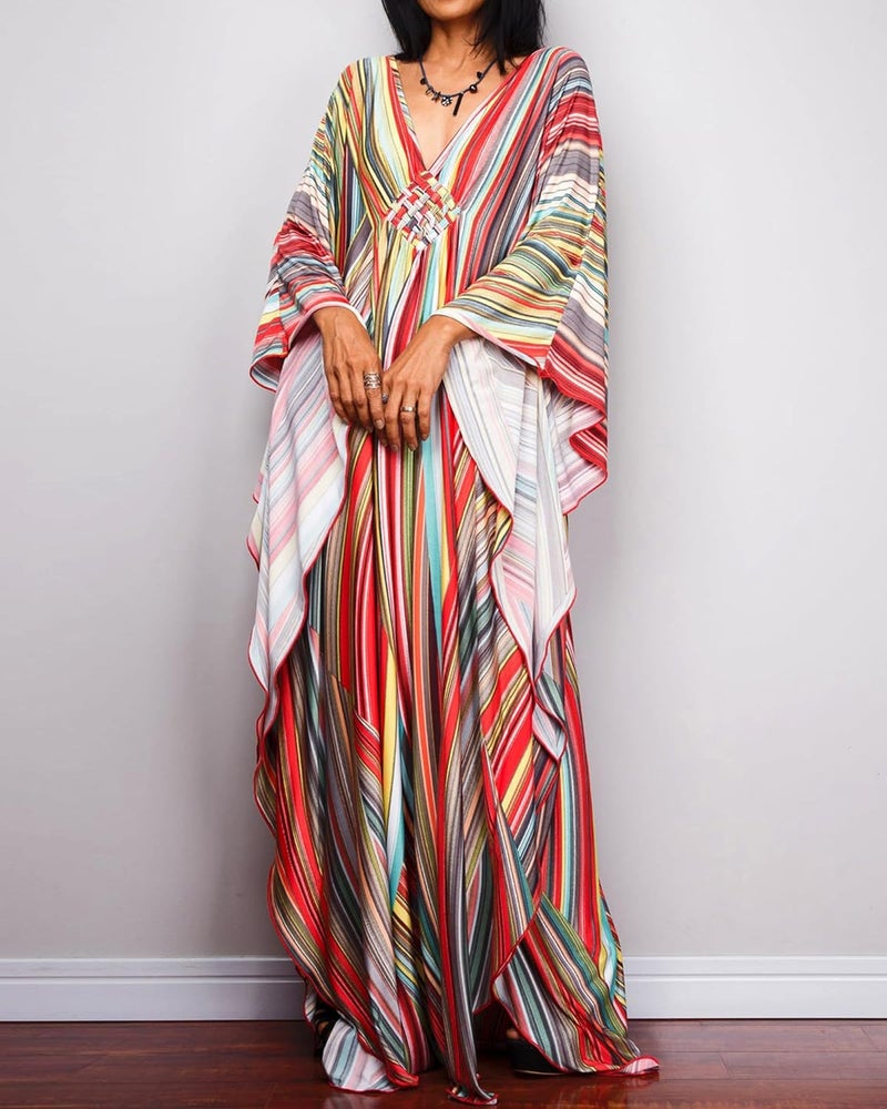 Bsubseach Women Ethnic Print Kaftan Beach Dress Plus Size Swimsuit Cover Up - Image 1